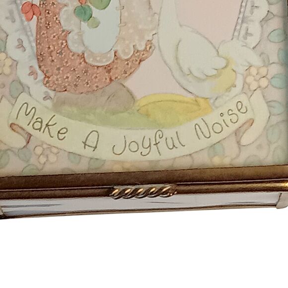 VTG Brass & Pink Slag Glass Trinket Box Cute Girl & Duck Make A Joyful Noise - Picture 10 of 16